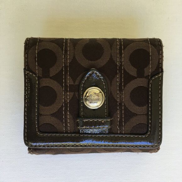 Coach Tribeca Op Art French Purse Small Wallet Silver/Dark Brown/Brown No 43123 - Picture 1 of 12